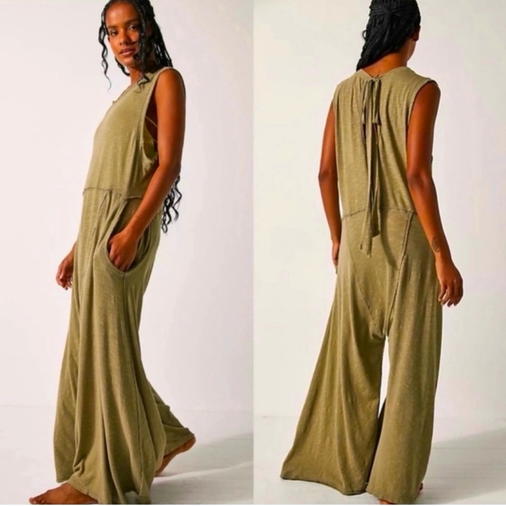 Free People NWOT Olive Green Sleeveless Soft Jersey Jumpsuit Size L
